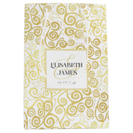 ラグジュアリーフローリッシュシックな冬の白と金ゴールド結婚ズ ミディアムペーパーバッグ