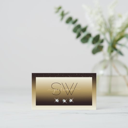 ラグジュアリーブラウンベージュスパーグラデーションクルダイヤモンドイニシャル 名刺 (スタンド正面)