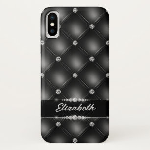 ラグジュアリーブラックきらきら光るスパークルダイヤモンド名前をカスタムする iPhone X ケース