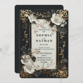 ラグジュアリーブラックと金ゴールドとエレガントフローラデザイン 招待状 (正面/裏面)