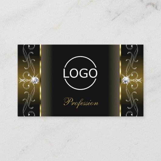ラグジュアリーブラックと金ゴールドのロゴ付きスクイグルジュエリー 名刺 (正面)