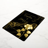 ラグジュアリーブラックと金ゴールドスクリプトフォイル結婚フローラ 箔招待状 (回転した状態)