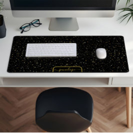 ラグジュアリーブラックと金ゴールドスパークルズパターンモノグラム デスクマット