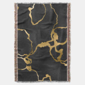 ラグジュアリーブラックと金ゴールドパターングラムデザイン スローブランケット (正面縦)