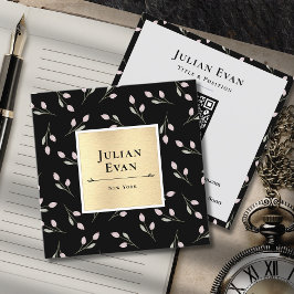 ラグジュアリーブラックと金ゴールドフラワーパターン スクエア名刺