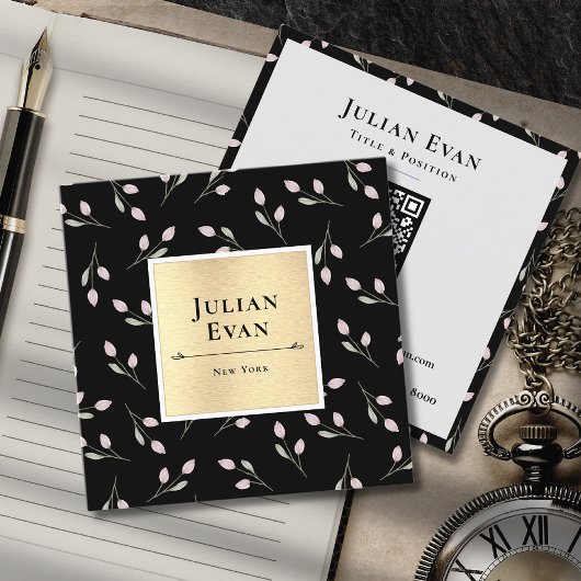 ラグジュアリーブラックと金ゴールドフラワーパターン スクエア名刺