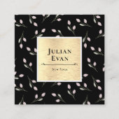 ラグジュアリーブラックと金ゴールドフラワーパターン スクエア名刺 (正面)