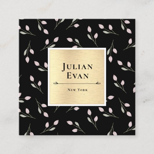 ラグジュアリーブラックと金ゴールドフラワーパターン スクエア名刺 (正面)