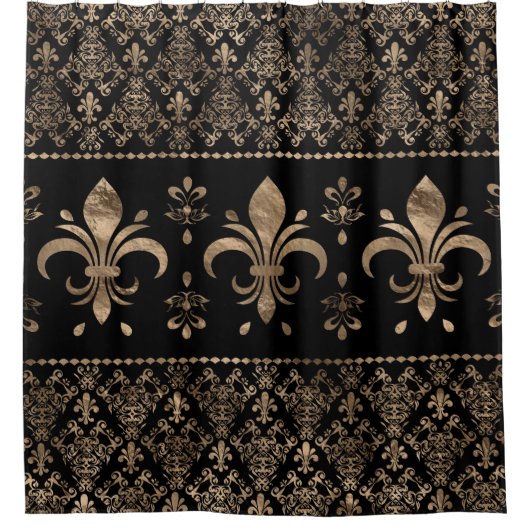 ラグジュアリーブラックと金ゴールドフルーアデリスオーナメント シャワーカーテン (正面)