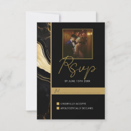 ラグジュアリーブラックと金ゴールドマーブルフォト結婚ズ 出欠カード