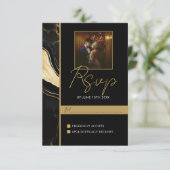 ラグジュアリーブラックと金ゴールドマーブルフォト結婚ズ 出欠カード (スタンド正面)