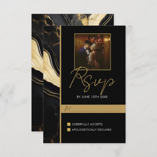 ラグジュアリーブラックと金ゴールドマーブルフォト結婚ズ 出欠カード (正面/裏面)