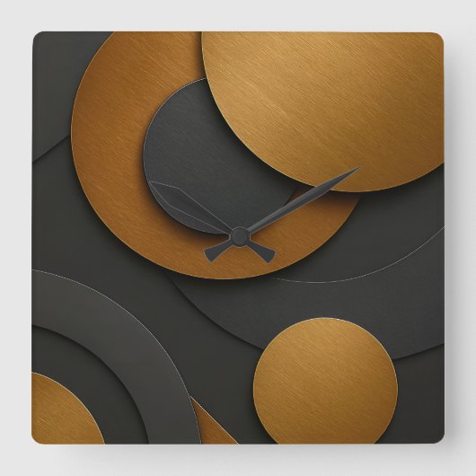 ラグジュアリーブラックと金ゴールド幾何学的抽象デザイン スクエア壁時計 (正面)