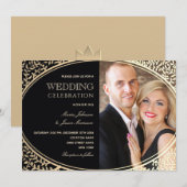 ラグジュアリーブラックと金ゴールド結婚フォト 招待状 (正面/裏面)