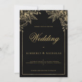 ラグジュアリーブラックと金ゴールド結婚フローラ 招待状 (正面)