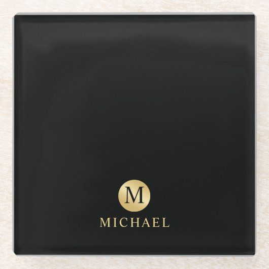 ラグジュアリーブラックアンド金ゴールドモパーソナライズされたノグラム ガラスコースター (正面)