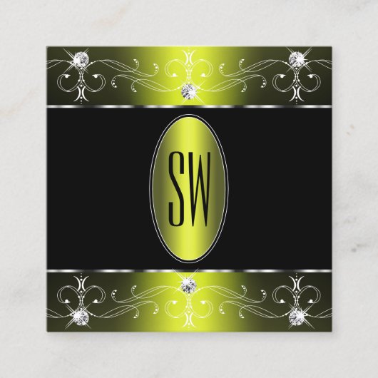 ラグジュアリーブラックイエロー華美オーナメントイニシャル スクエア名刺 (正面)