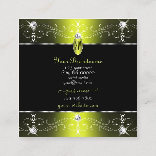 ラグジュアリーブラックイエロー華美オーナメントイニシャル スクエア名刺 (裏面)