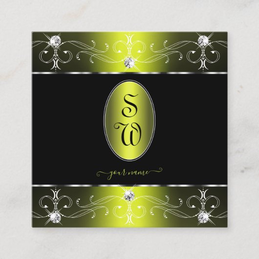 ラグジュアリーブラックイエロー華美オーナメントモノグラム スクエア名刺 (正面)