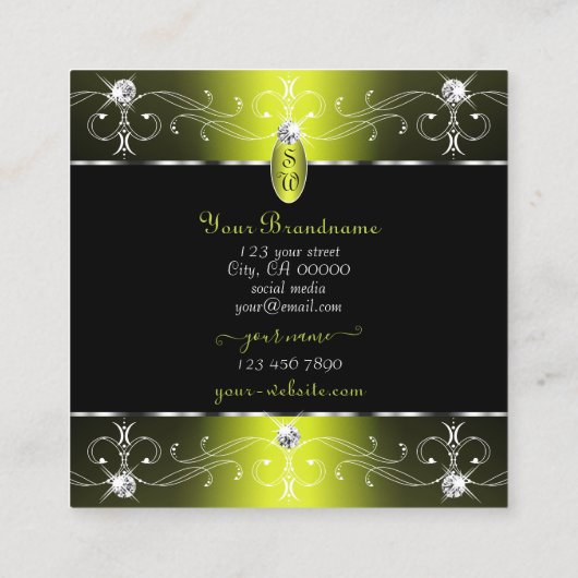 ラグジュアリーブラックイエロー華美オーナメントモノグラム スクエア名刺 (裏面)