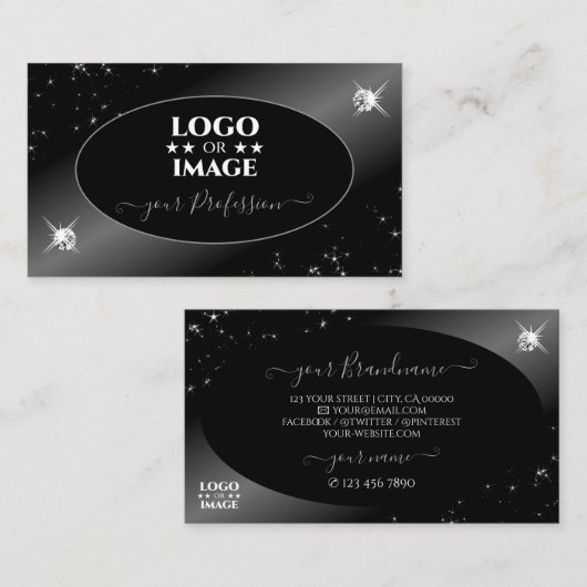 ラグジュアリーブラックシルバーグリッタースターズ宝石とロゴ 名刺 (正面/裏面)
