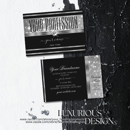 ラグジュアリーブラックシルバーグリッタースパークルスターズダイヤモンド 名刺