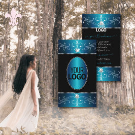 ラグジュアリーブラックティール（緑がかった色）ブルー華美オーナメントとロゴ 名刺