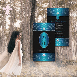 ラグジュアリーブラックティール（緑がかった色）ブルー華美オーナメントイニシャル 名刺