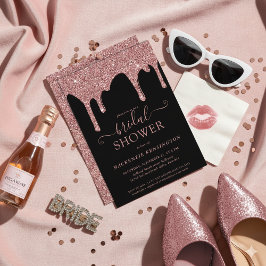 ラグジュアリーブラックバラ金ゴールドグリッタードリップスブライダルシャワー 招待状