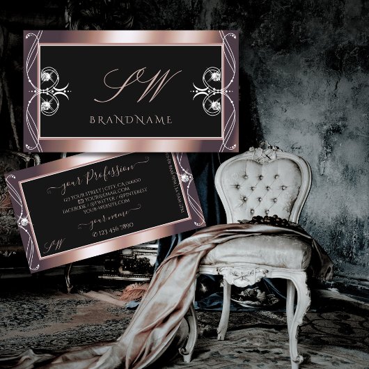 ラグジュアリーブラックバラ金ゴールドスパークルジュエリーイニシャル 名刺