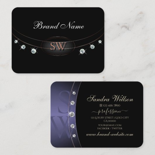 ラグジュアリーブラックバラ金ゴールドブルーモノグラムジュエリー 名刺 (正面/裏面)