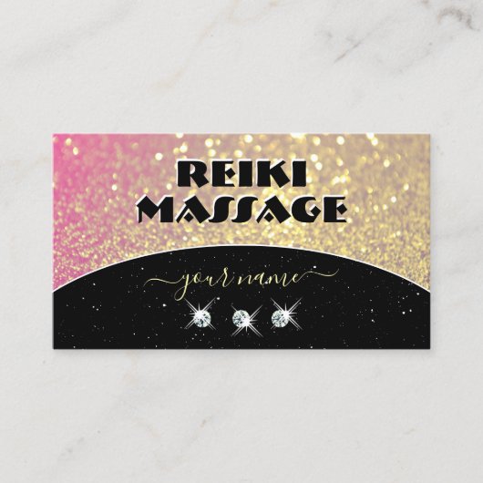 ラグジュアリーブラックピンク金ゴールドスパークルグリッターダイヤモンド 名刺 (正面)