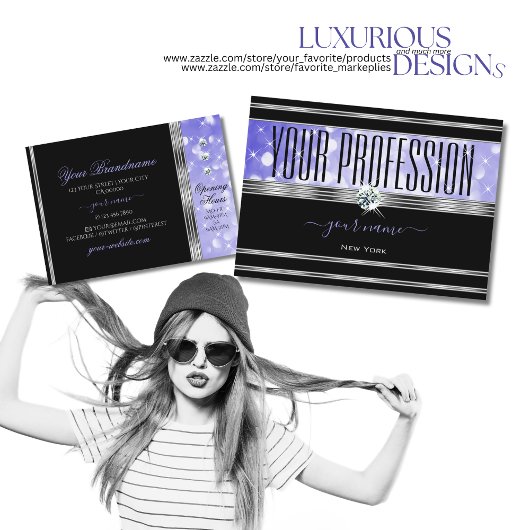 ラグジュアリーブラックブライトブルーグリッターダイアモンズシルバー 名刺