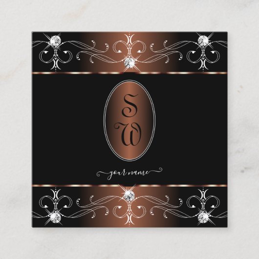 ラグジュアリーブラックブラウン華美オーナメントイニシャル スクエア名刺 (正面)