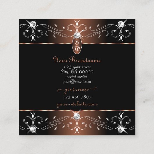 ラグジュアリーブラックブラウン華美オーナメントイニシャル スクエア名刺 (裏面)