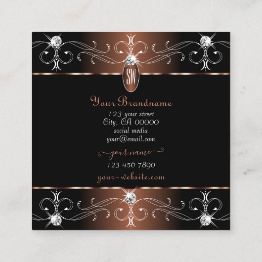 ラグジュアリーブラックブラウン華美オーナメントモノグラム スクエア名刺 (裏面)