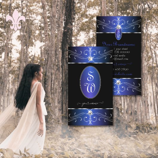 ラグジュアリーブラックブルー華美オーナメントモノグラム 名刺