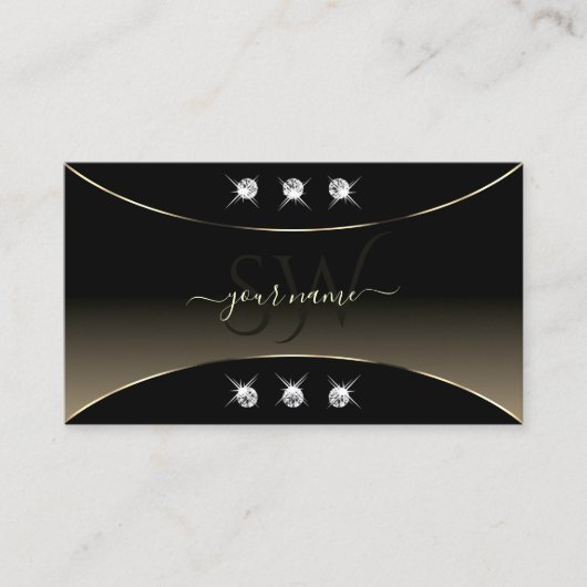 ラグジュアリーブラックホワイトゴールドデコールダイヤモンドアンドモノグラム 名刺 (正面)