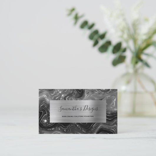 ラグジュアリーブラック大理石アガテグラムシルバーフォイル 名刺 (スタンド正面)