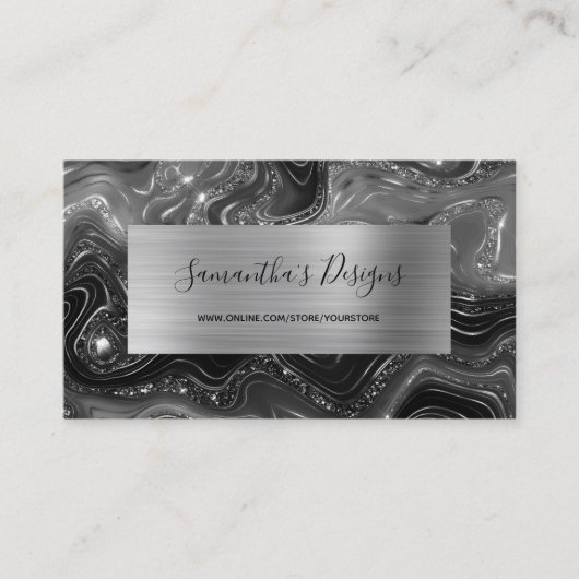 ラグジュアリーブラック大理石アガテグラムシルバーフォイル 名刺 (正面)