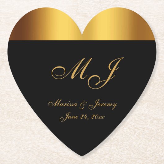 ラグジュアリーブラック縁ど金ゴールドモノグラム結婚ズ ペーパーコースター (正面)