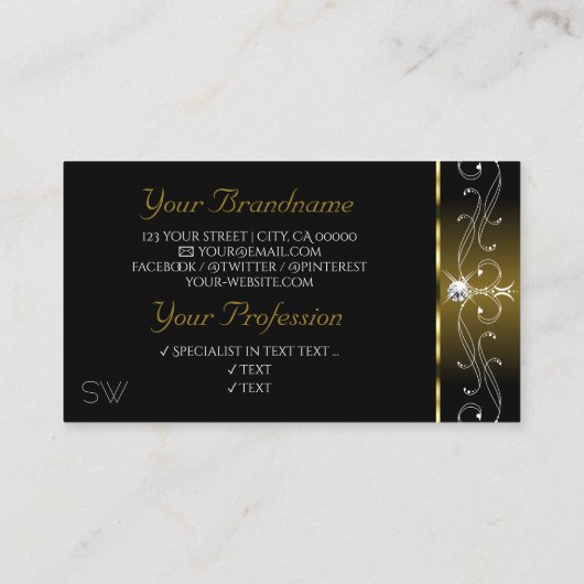 ラグジュアリーブラック華美金ゴールドスパークルジュエリーモノグラム 名刺 (裏面)