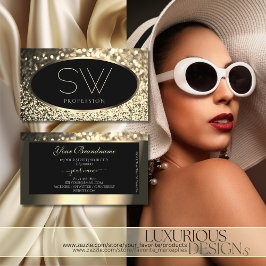 ラグジュアリーブラック金ゴールドきらめくグリッターウィズモノグラム 名刺