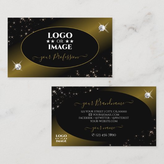 ラグジュアリーブラック金ゴールドグリッタースターズダイヤモンドウィズロゴ 名刺 (正面/裏面)