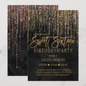 ラグジュアリーブラック金ゴールドグリッターパールマーブルスウィート16 招待状 (正面/裏面)