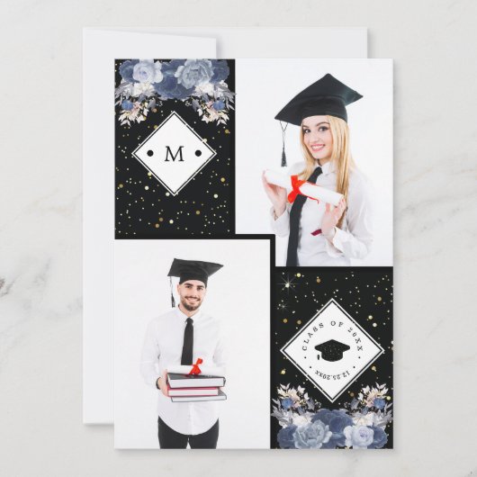 ラグジュアリーブラック金ゴールドグリッターフローラ卒業写真 案内状 (正面)