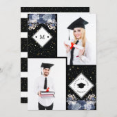 ラグジュアリーブラック金ゴールドグリッターフローラ卒業写真 案内状 (正面/裏面)