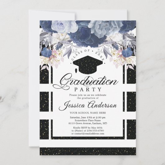 ラグジュアリーブラック金ゴールドグリッターフローラ卒業 招待状 (正面)