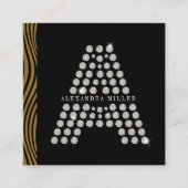 ラグジュアリーブラック金ゴールドダイヤモンドイニシャルモノグラムQRコード スクエア名刺 (正面)