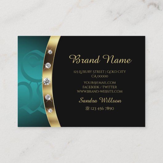 ラグジュアリーブラック金ゴールドティール（緑がかった色）とイニシャルとダイヤモンド 名刺 (裏面)